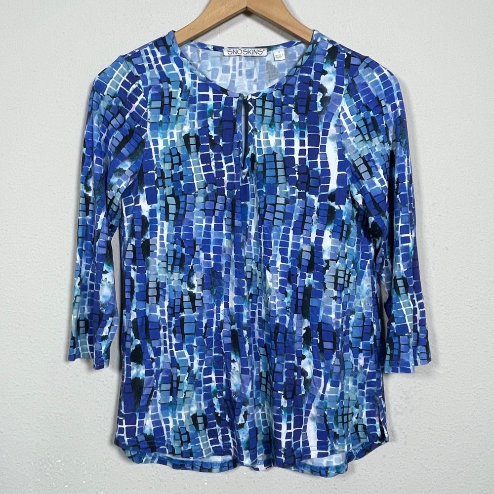 Sno Skins Top Womens Small Blue Mosaic Geometric Keyhole 3/4 Sleeve Viscose USA